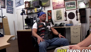 Straight biker rides cock for cash in the pawnshop