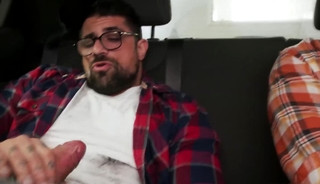 Buddies Ryan Bones and Cam Crawford jerk off in the back seat of the car together
