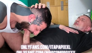 Big Uncut Daddy's Cock Fucks and deepthroat his tattoed workermate