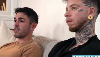 Cute tattoeed skater FTM punk boy tag teamed by his DILF daddy and brother