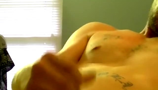 Amateur American blasts cum after solo stroking