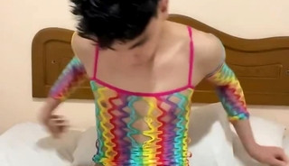 FEMBOY USING STEPMOM'S CLOTHES and playing with his ASS