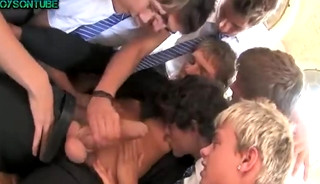 Group boys hard bareback sex and facialcum