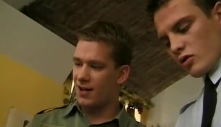 Navy twinks fucking and cumming in raw bar threesome