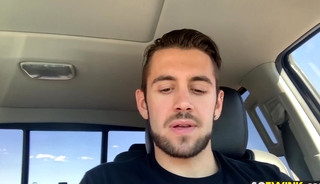 Handsome hot stud masturbates hardcore while on road