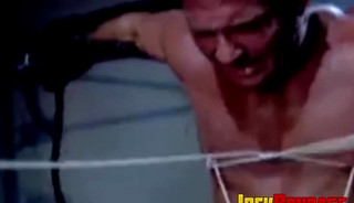 Submissive man is choked and humiliated in rough threesome