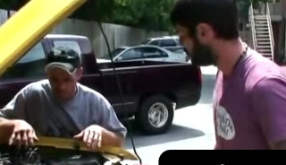 Hairy studs fix a car and end up in deep raw fucking