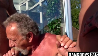 Threesome with gay horny grandpa and two younger studs