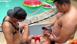 Bachelor party ends in hot sex by the pool.