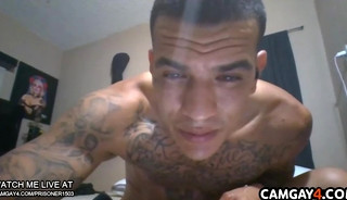 Muscular tattooed guy touching his cock