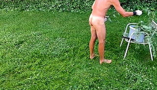 naked pathetic white slave outdoor play with nettle, CMNM