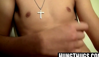 Skinny straight twink rubs his small stiff cock solo