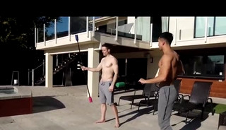 Sexy guy doing tricks with a pole (no sex)