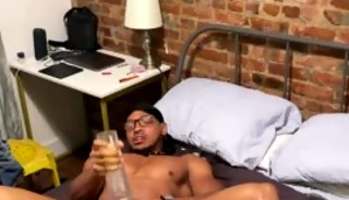 Toy fucking + Cock stroking = Explosion, facial explosion