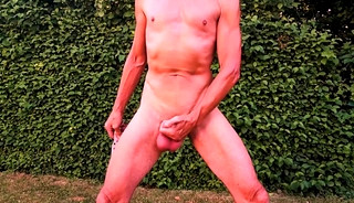 naked pathetic white slave during outdoor party entertain guests, punish himself, CMNM