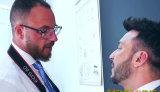 Bearded hunk Kike Gil sucks rock hard cock from classy hunk