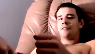 Amateur gay strokes lubed cock to explosive climax